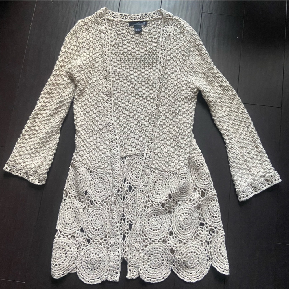 Willi Smith tan crochet open cardigan sweater size S EUC